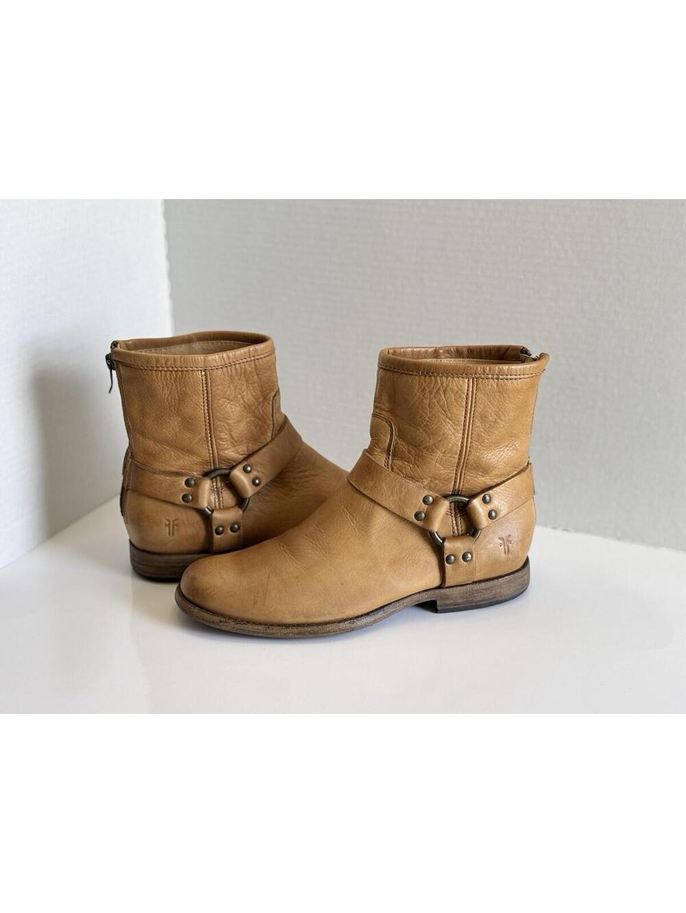 Frye Phillip Harness Short Ankle Boots Zip Moto Women's Size 8.5 B Brown Leather